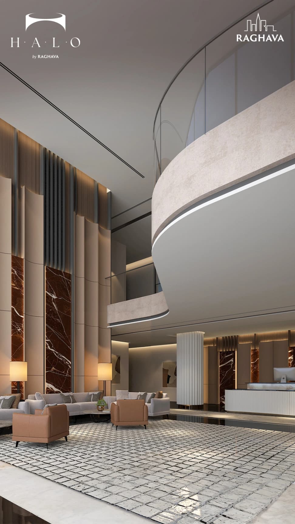 Raghava Halo — double-height grand lobby with marble and a sculptural mezzanine
