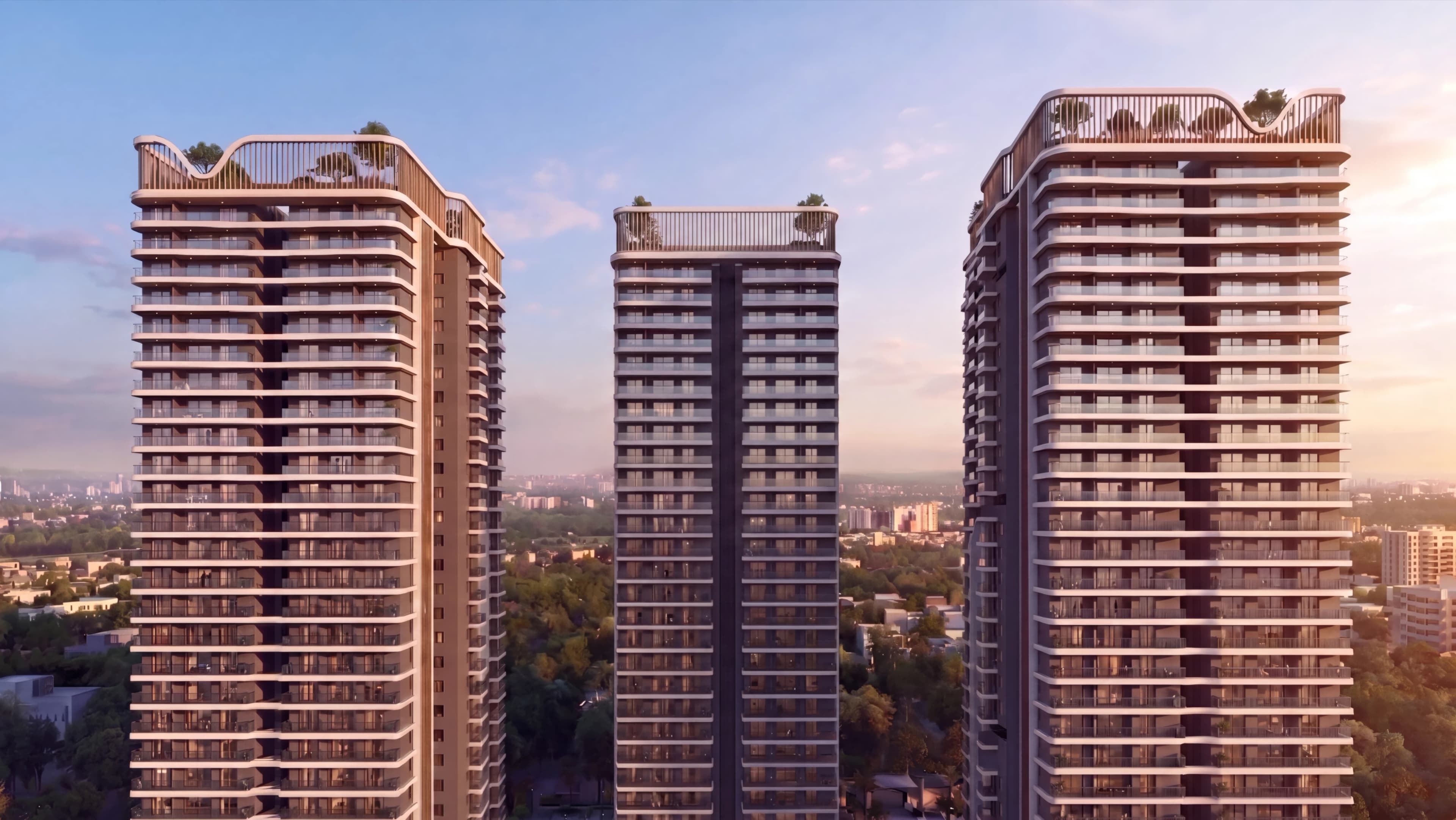 Raghava Halo — sculptural tower crowns with wave-form sky terraces at golden hour, Kondapur