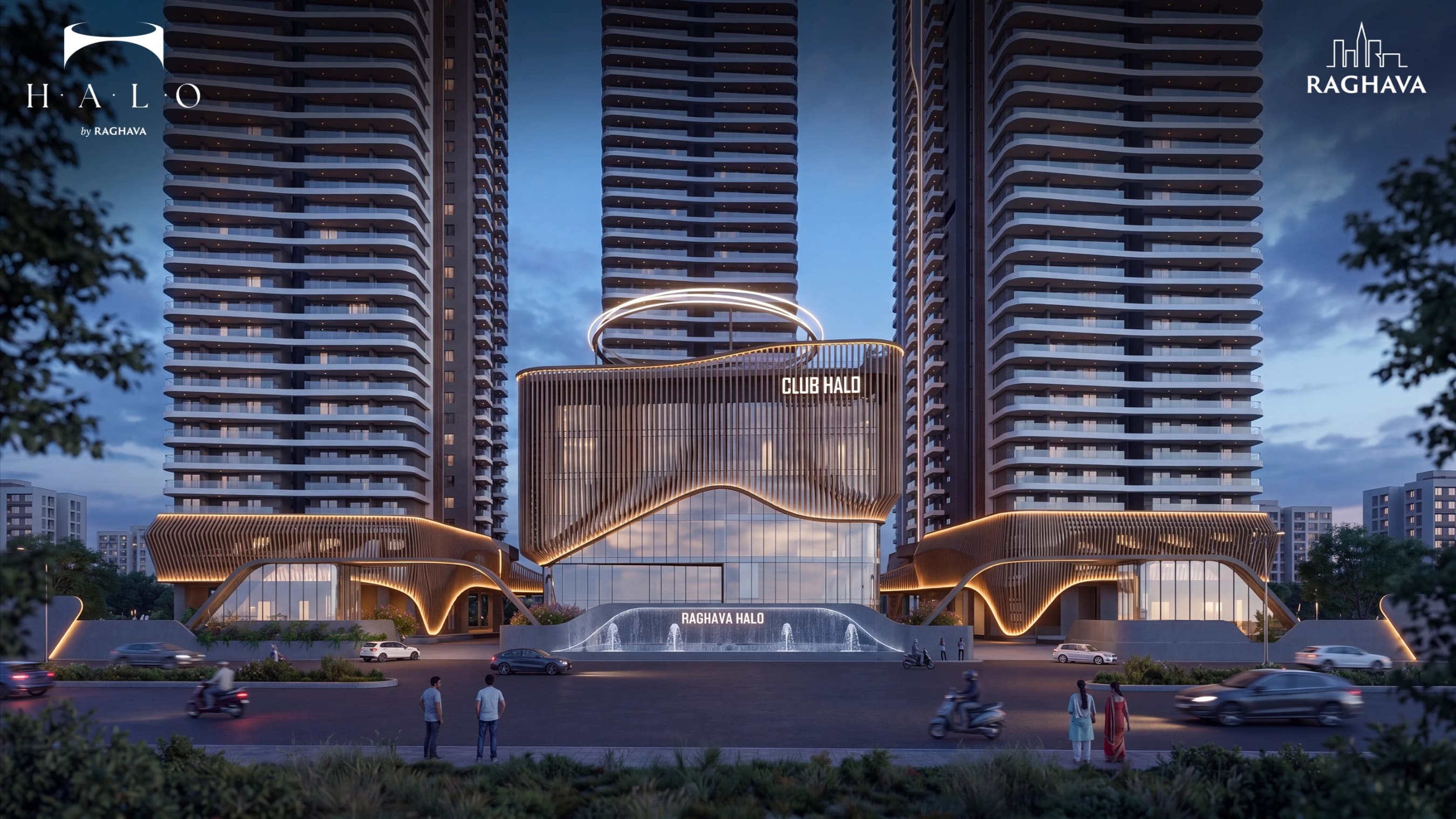 Raghava Halo grand arrival at night — Club Halo beneath the illuminated Halo ring, with the forecourt fountain, Kondapur