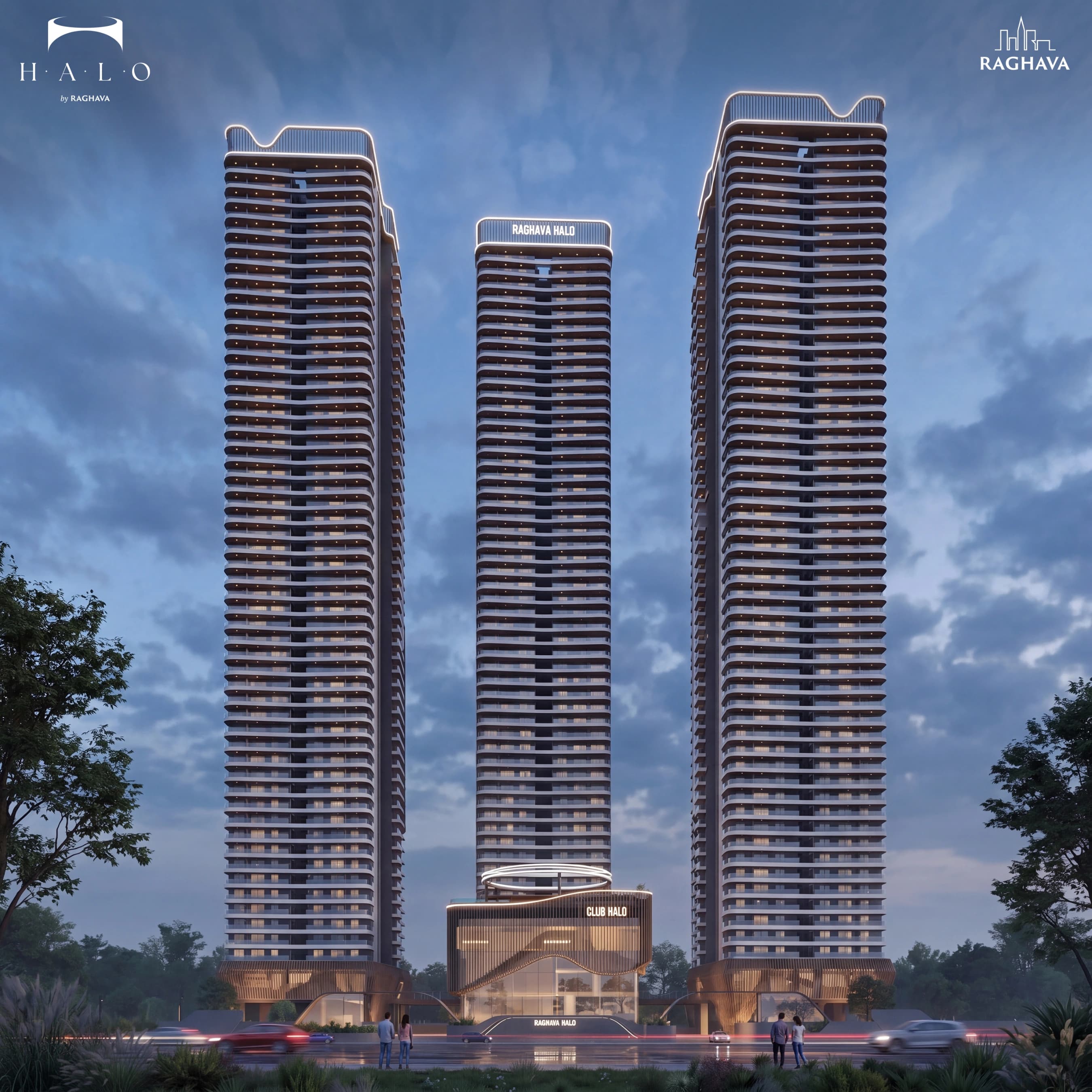 Raghava Halo — the three towers and Club Halo lit symmetrically at dusk